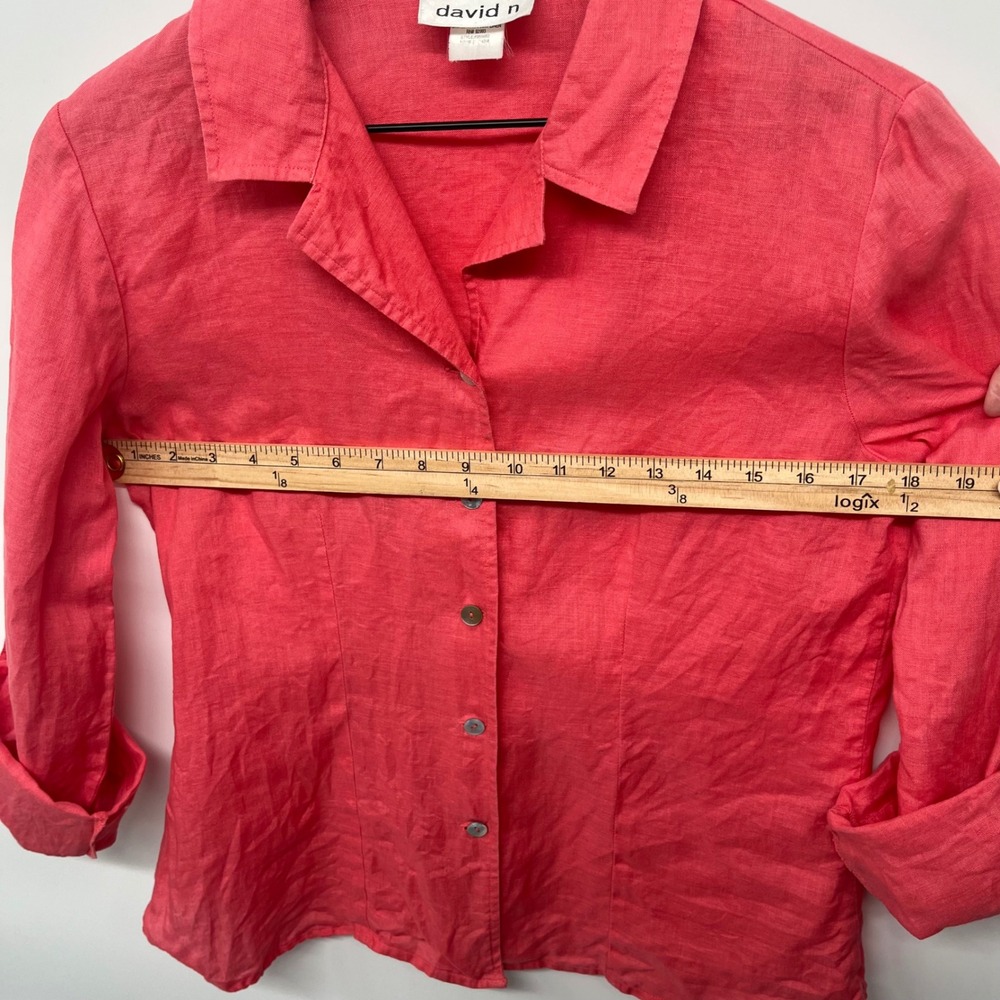 Vintage David N 100% Linen Size Small Womens Button Shirt Roll Tab Sleeves Coral - Picture 5 of 6